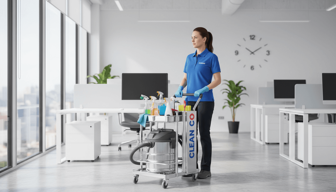 Professional cleaner with supplies in bright modern office