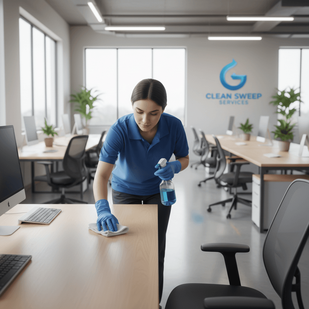 Professional cleaner wiping an office desk with a spray bottle