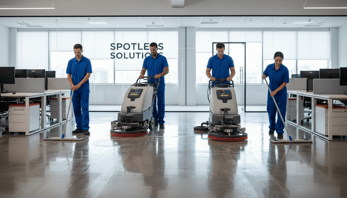 Commercial cleaner mopping a large office floor