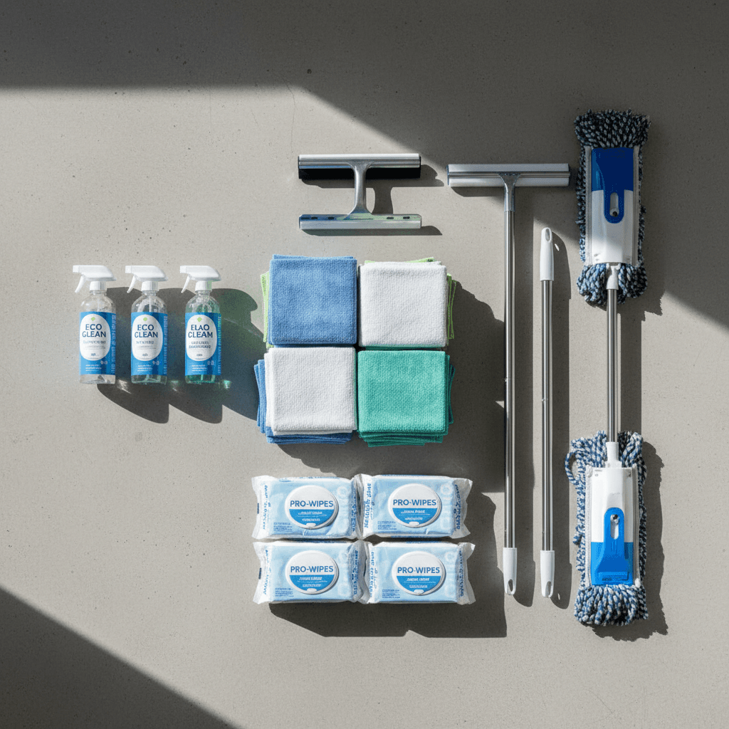 Professional cleaning supplies and equipment arranged neatly