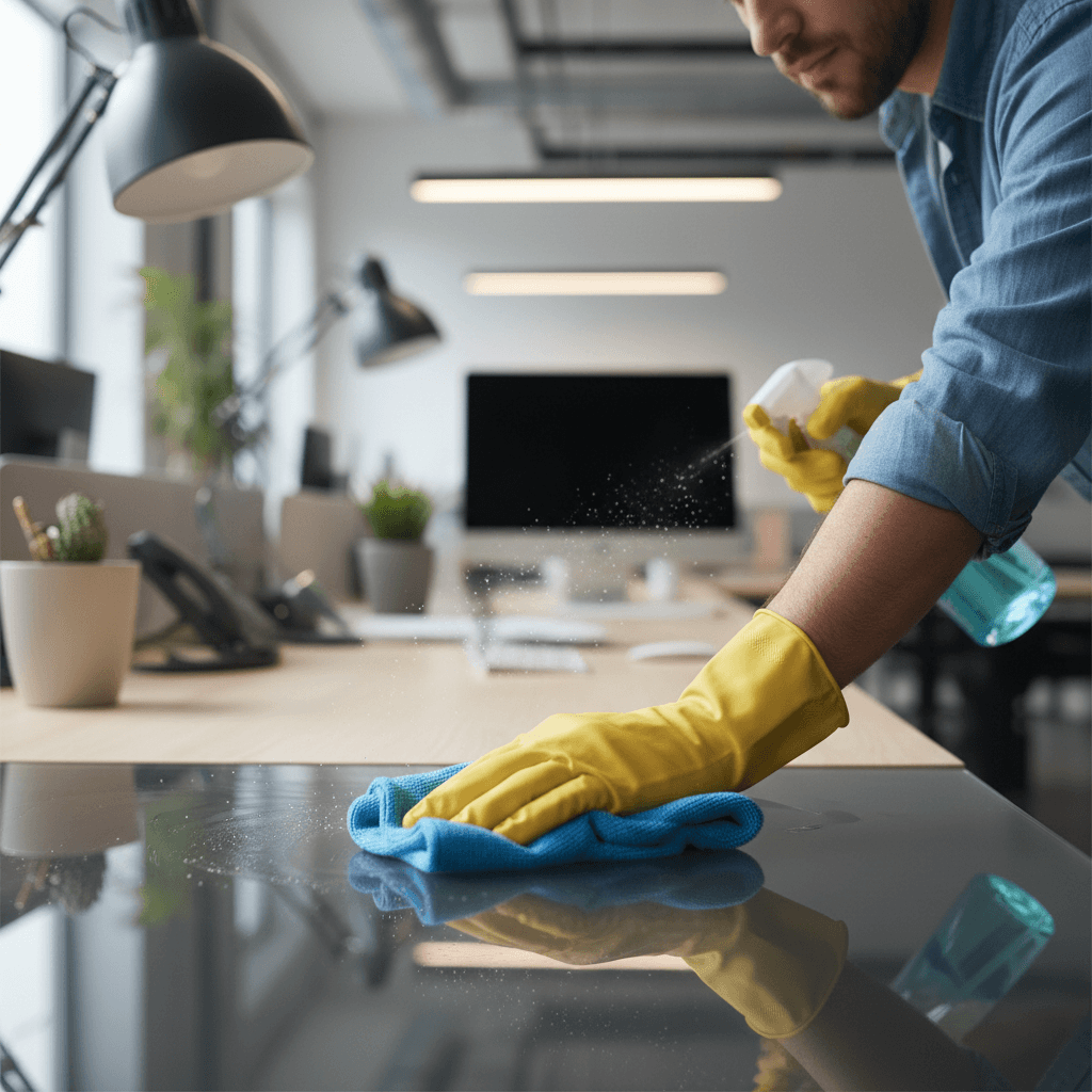 Professional cleaner wiping down an office desk with a spray bottle