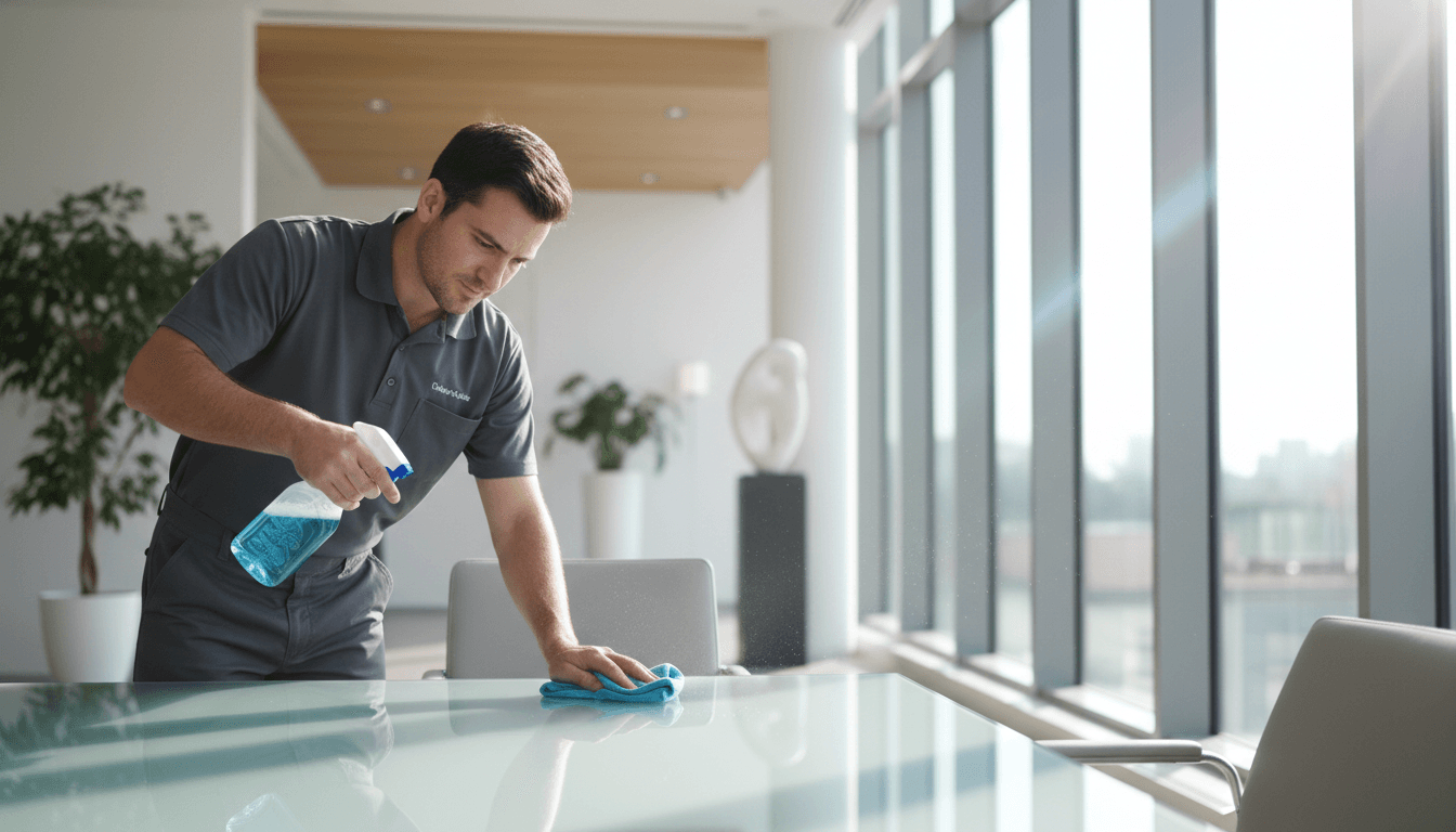 Professional cleaner wiping down an office desk in a bright modern workspace
