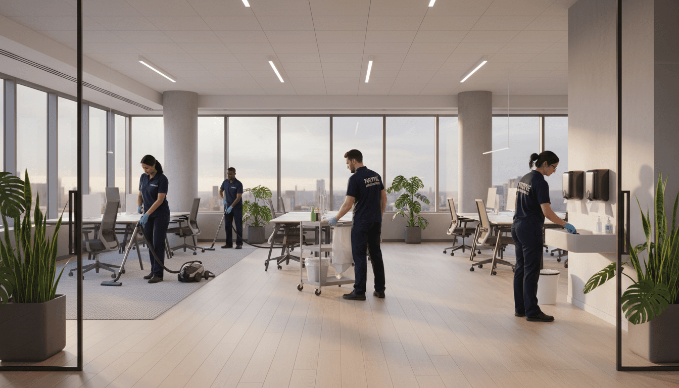 Professional cleaning team in a bright modern office