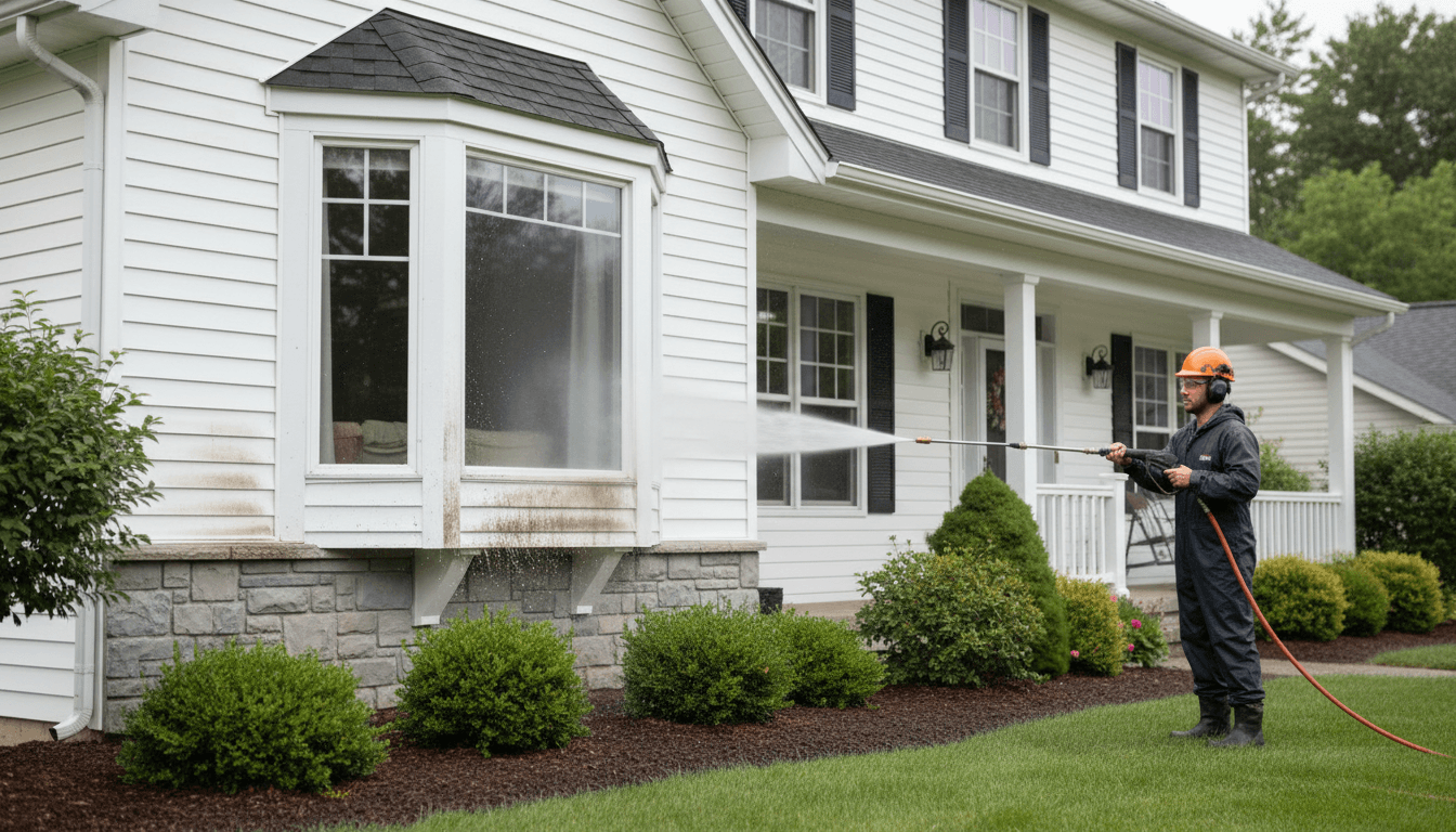 Cleaner pressure washing the exterior of a house