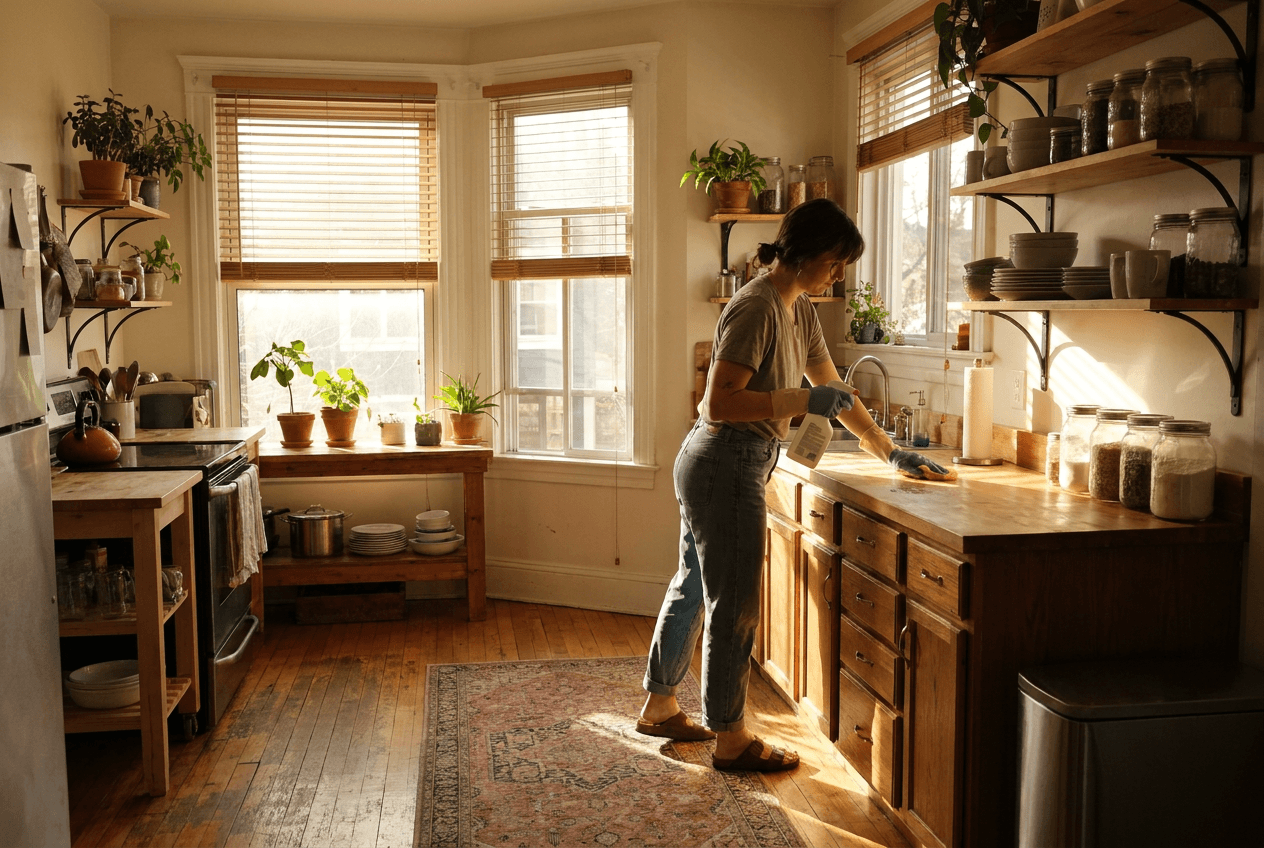 Clean kitchen counter after a deep cleaning session