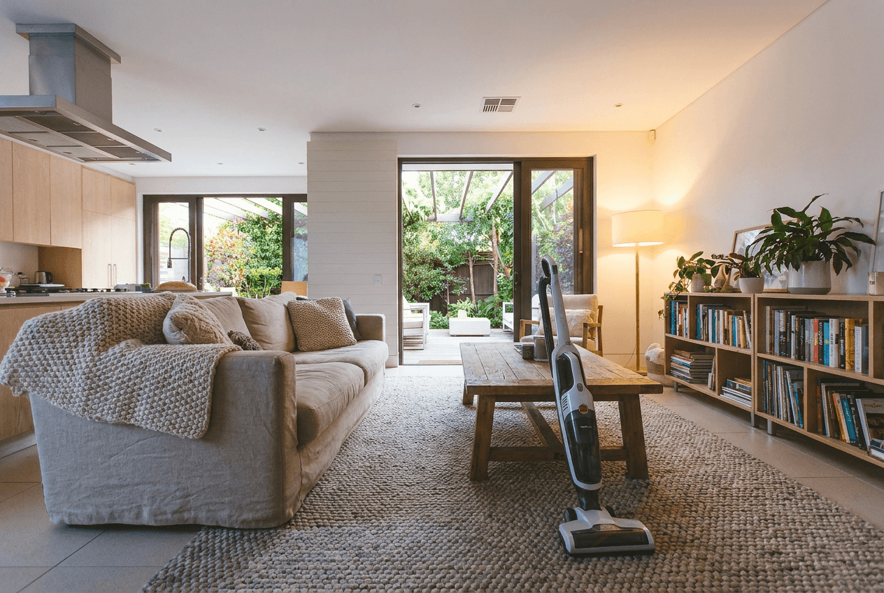 Cleaner vacuuming a carpet in a bright living room with natural light